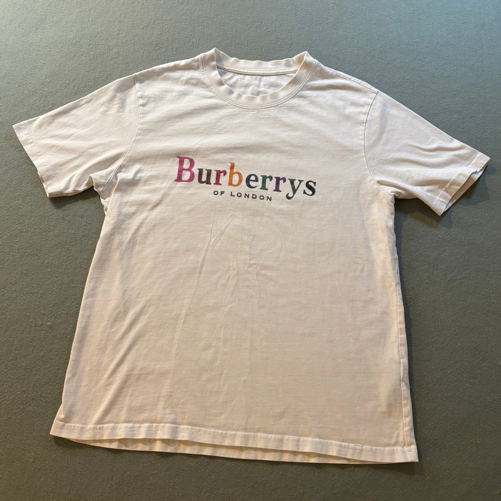VTG Burberrys of London T Shirt Mens M White Rainbow Spellout Logo Short Sleeve